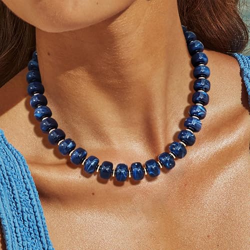HolidayQbee Beaded Necklace for Women Boho Bead Chunky Necklace Big Bead Necklace Fashion Trendy Summer Blue Resin Beaded Necklaces Jewelry Gifts - Image 5