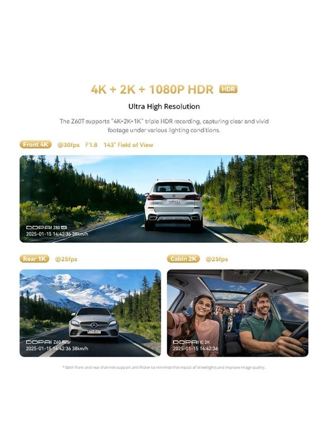 DDPAI Z60T 4G LTE 3-Channel Dash Cam Set with Hardwire Kit - 4K HDR Front, 2K IR Cabin, HD Rear | Remote Live View, 24/7 Parking Monitoring, Single SD Card Storage - Image 3