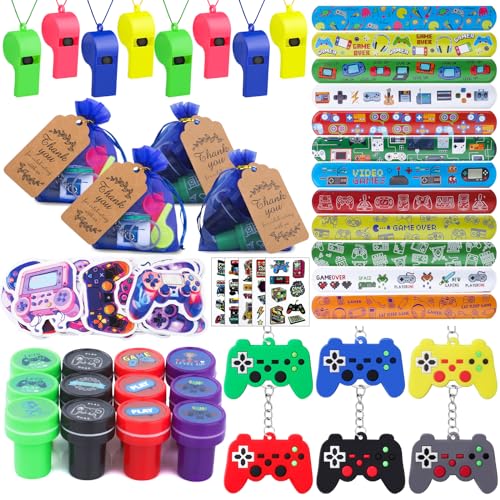 Moncinday 134 Pcs Video Game Party Favors Includes Video Game Slap Bracelet Keychain Stamper Whistle Mesh Bag Card Stickers Tattoos for Kids Gaming Party Favors Birthday Goodie Bag Fillers - Image 1