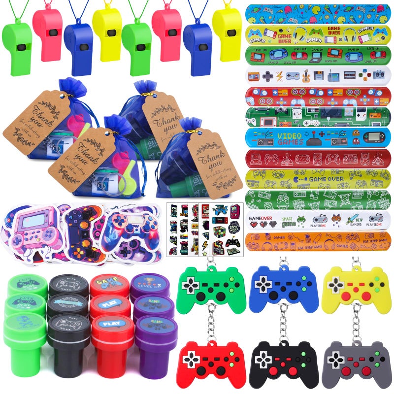 Moncinday 134 Pcs Video Game Party Favors Includes Video Game Slap Bracelet Keychain Stamper Whistle Mesh Bag Card Stickers Tattoos for Kids Gaming Party Favors Birthday Goodie Bag Fillers - Image 3