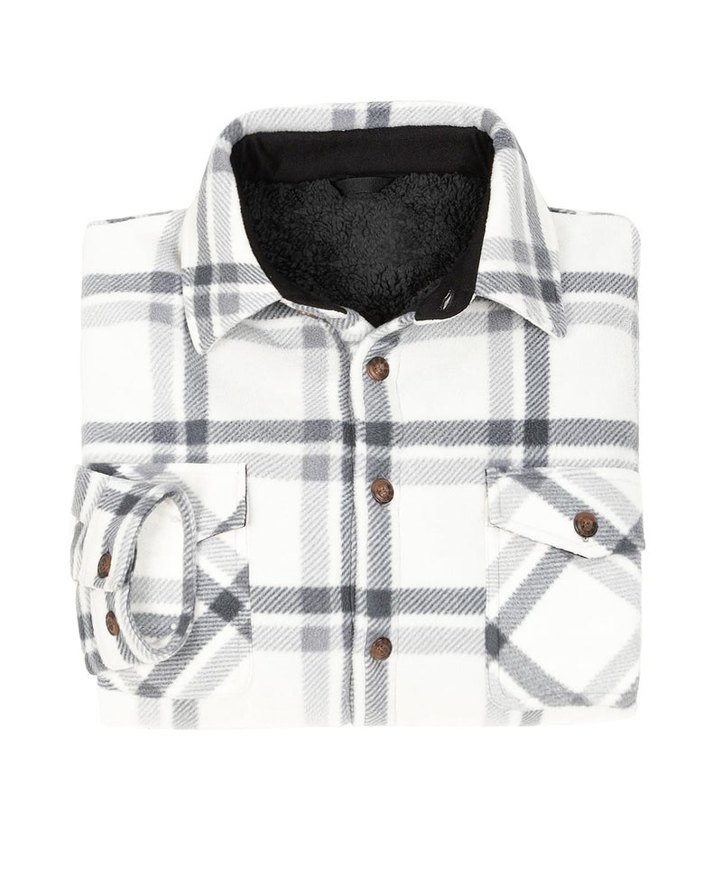 ZENTHACE Men's Sherpa Fleece Lined Flannel Shacket Jacket Outdoor Work Plaid Flannel Cpo Shirt Jacket Fall Winter Warm Coat White M - Image 3