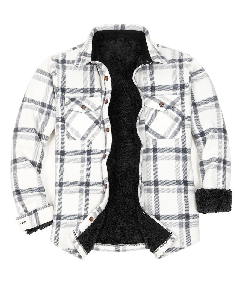 ZENTHACE Men's Sherpa Fleece Lined Flannel Shacket Jacket Outdoor Work Plaid Flannel Cpo Shirt Jacket Fall Winter Warm Coat White M - Image 1