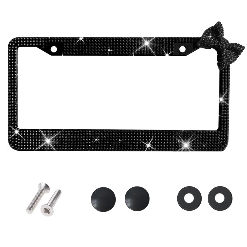 Wanheart License Plate Frame for Women, Rhinestone License Plate Frame with Black Bow, Sparkly Car Tag Frame, Elegant Girly Car Accessories Gift (Black Frame + Black Bow) - Image 1