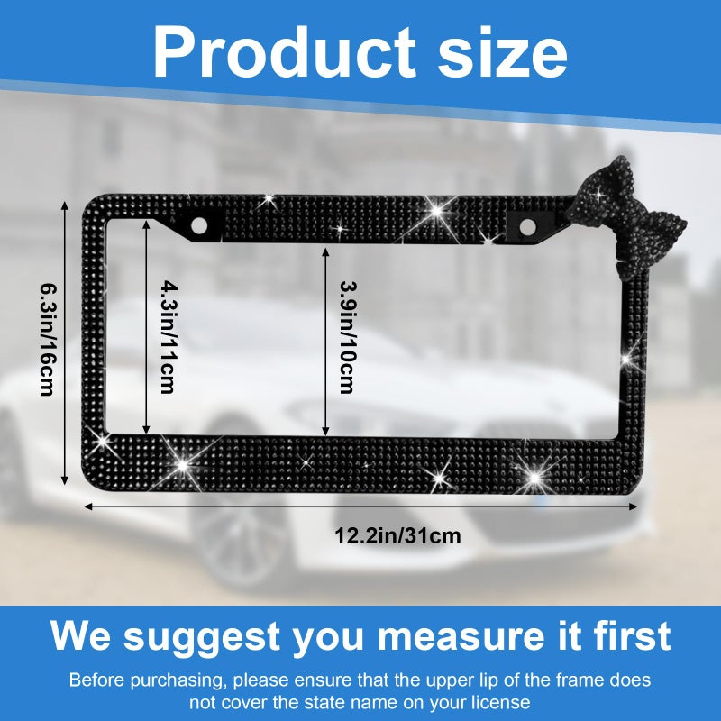 Wanheart License Plate Frame for Women, Rhinestone License Plate Frame with Black Bow, Sparkly Car Tag Frame, Elegant Girly Car Accessories Gift (Black Frame + Black Bow) - Image 2