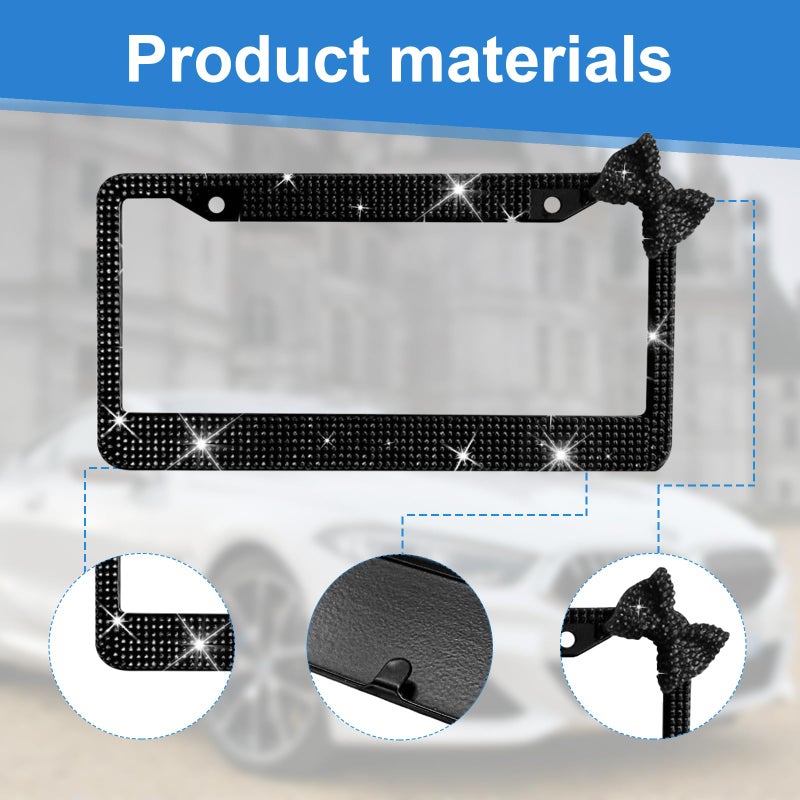 Wanheart License Plate Frame for Women, Rhinestone License Plate Frame with Black Bow, Sparkly Car Tag Frame, Elegant Girly Car Accessories Gift (Black Frame + Black Bow) - Image 4