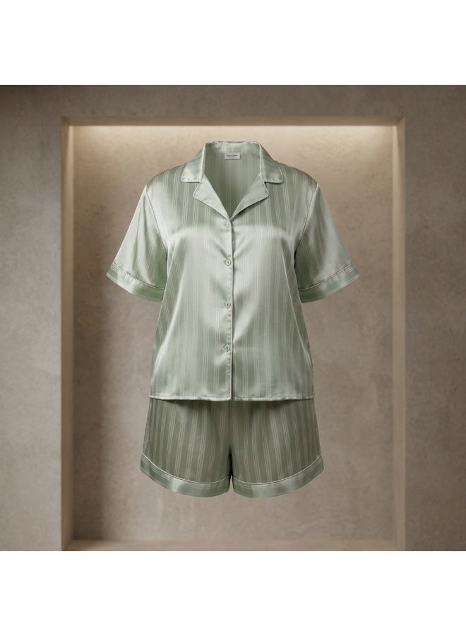 LADY Plus Size Satin Pajama Set for Women – Striped Sleepwear, Button Down Half Sleeve Shirt & Shorts 2 Piece Nightwear - Image 3