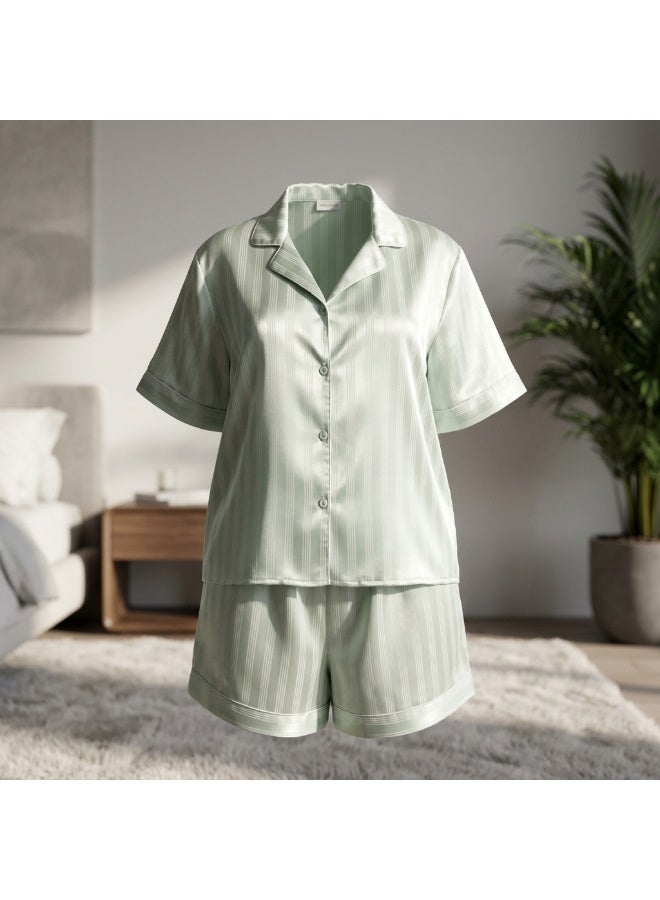 LADY Plus Size Satin Pajama Set for Women – Striped Sleepwear, Button Down Half Sleeve Shirt & Shorts 2 Piece Nightwear - Image 4