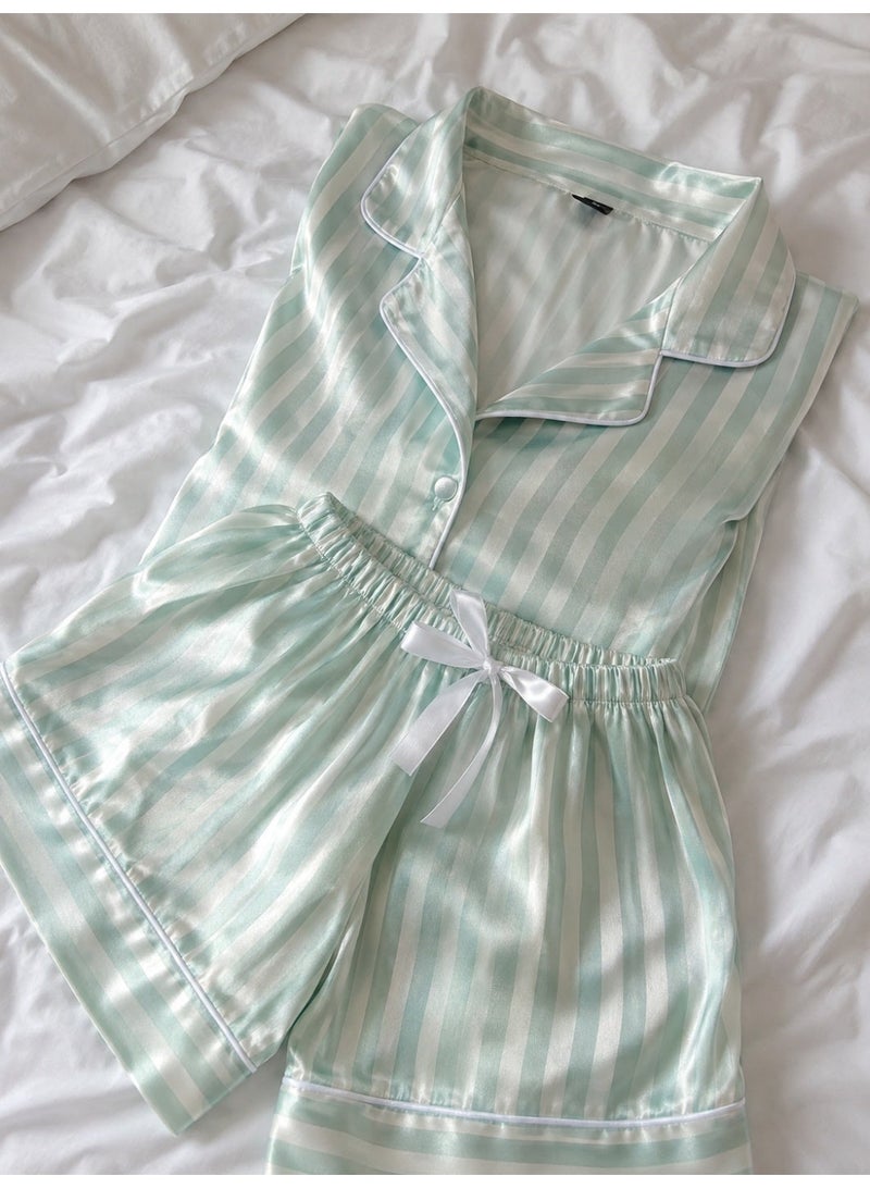 LADY Plus Size Satin Pajama Set for Women – Striped 2-Piece Sleepwear with Button-Down Short Sleeve Shirt & Shorts – Made in Turkey - Image 3