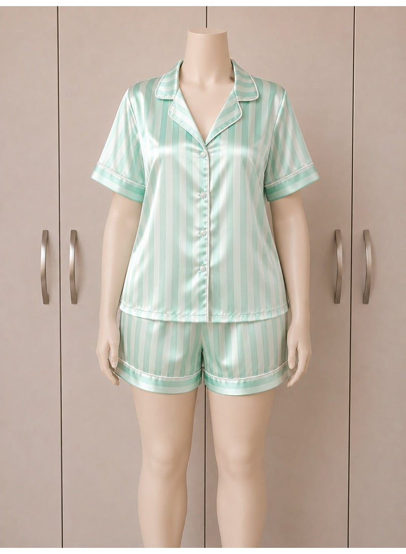 LADY Plus Size Satin Pajama Set for Women – Striped 2-Piece Sleepwear with Button-Down Short Sleeve Shirt & Shorts – Made in Turkey - Image 1
