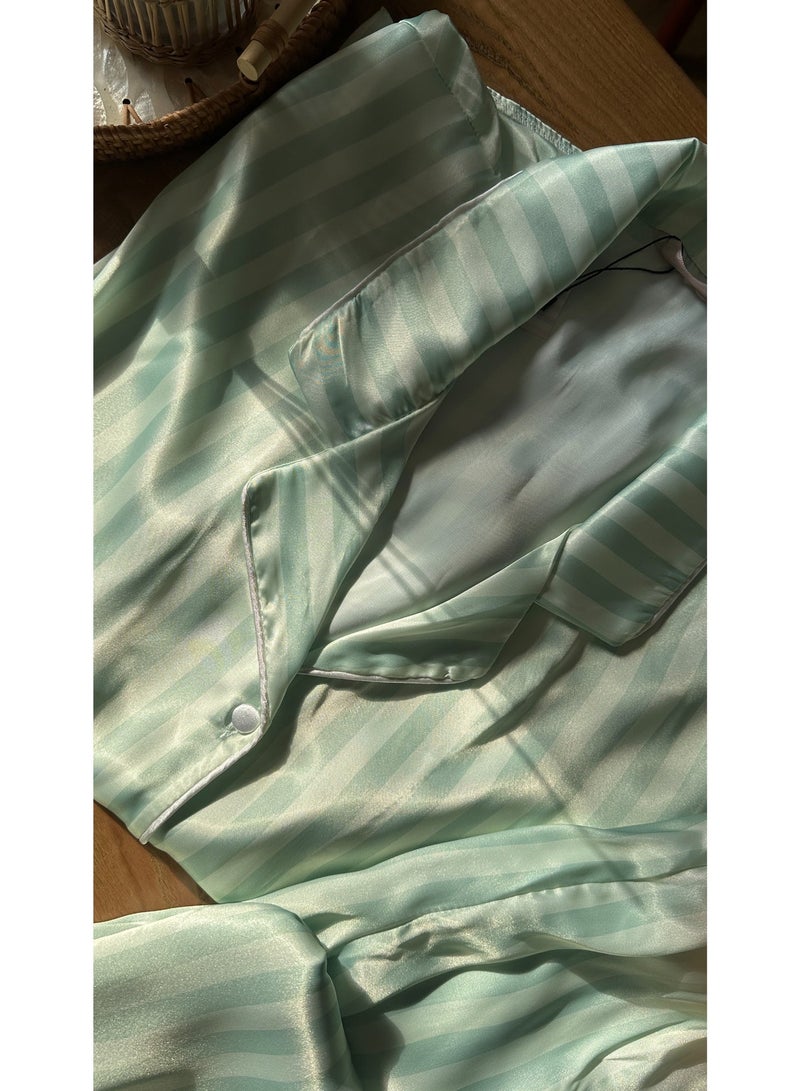 LADY Plus Size Satin Pajama Set for Women – Striped 2-Piece Sleepwear with Button-Down Short Sleeve Shirt & Shorts – Made in Turkey - Image 2
