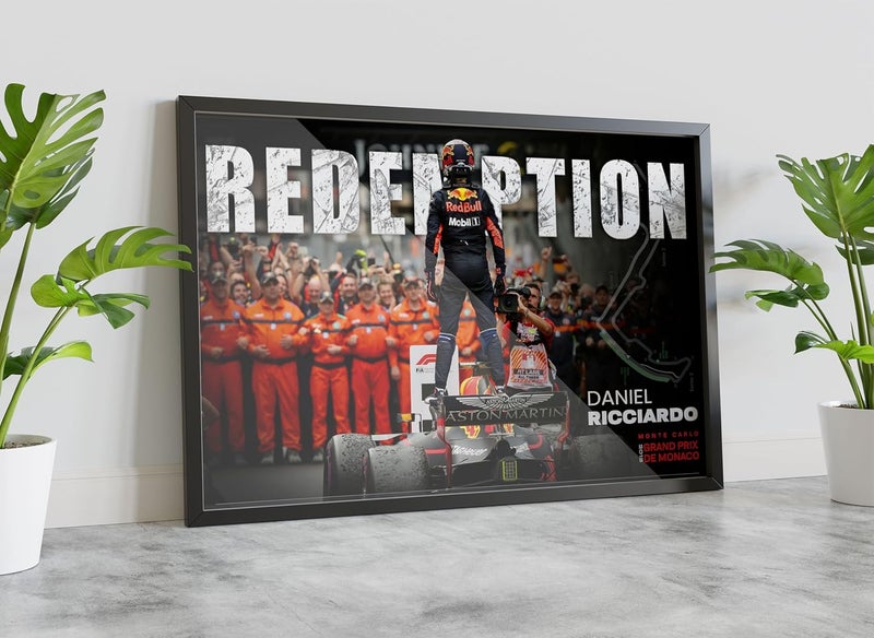 FRAMEO STORE Daniel Ricciardo Redemption Glass Frame Daniel Ricciardo 2018 Monaco GP wall art framed poster A3 size 12 X 18 Inches - Image 1
