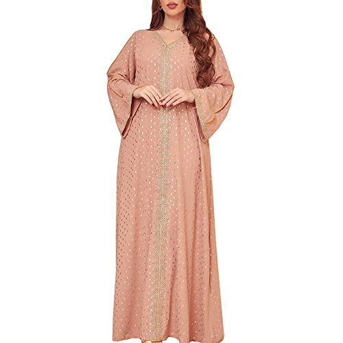 FPOVFPO Womens Muslim Abaya Dress One-Piece V Neck Bronzing Dress Islamic Full Length Kaftan Daily Casual Dress Pink - Image 4