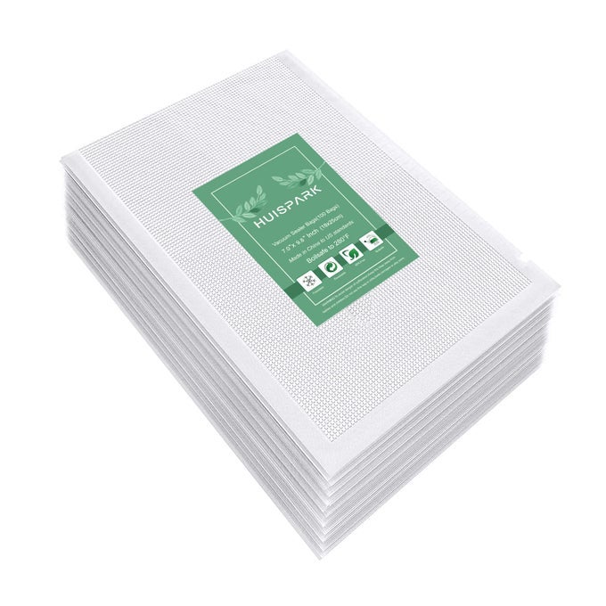 7 X 98 VACUUM SEALER BAGSHEAVY DUTY PRECUT DESIGN COMMERCIAL GRADE FOOD SEALABLE BAG FOR HEAT SEAL FOOD STORAGESMELL PROOF BAGS BOILSAFE TO 280F FREEZABLE RESIZABLEREUSEABLE 100PCS