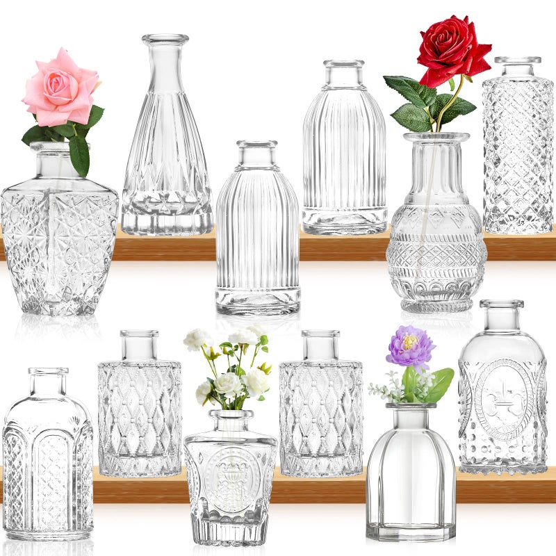 Small Glass Bud Vase Bulk Set of 12 Mini Vintage Flower Bottles Glass Flower Vase Various Sizes for Flower Arrangements Decorative Table Decoration Wedding Party at Home