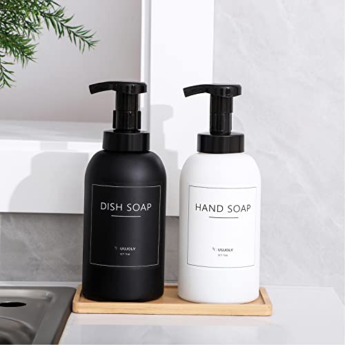 UUJOLY Foaming Hand Soap Dispenser Glass Jar Foam Dish Soap Dispenser for Bathroom and Kitchen Sink, Liquid Pump Bottle for Shampoo, Body Wash, Hand Soap, Black + White, 2 Pack - Image 2
