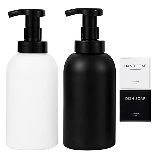 UUJOLY Foaming Hand Soap Dispenser Glass Jar Foam Dish Soap Dispenser for Bathroom and Kitchen Sink, Liquid Pump Bottle for Shampoo, Body Wash, Hand Soap, Black + White, 2 Pack - Image 1