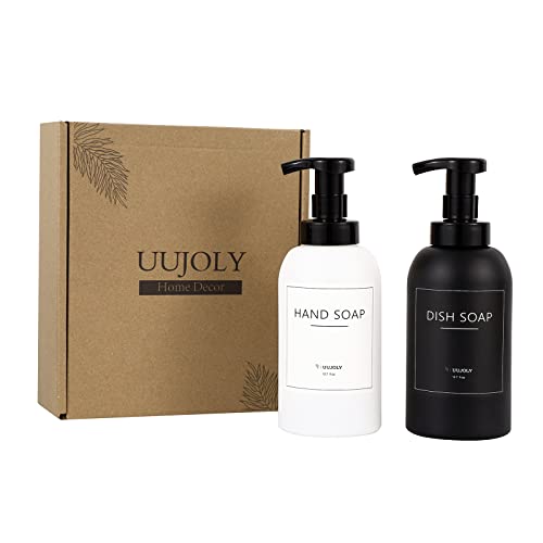 UUJOLY Foaming Hand Soap Dispenser Glass Jar Foam Dish Soap Dispenser for Bathroom and Kitchen Sink, Liquid Pump Bottle for Shampoo, Body Wash, Hand Soap, Black + White, 2 Pack - Image 5