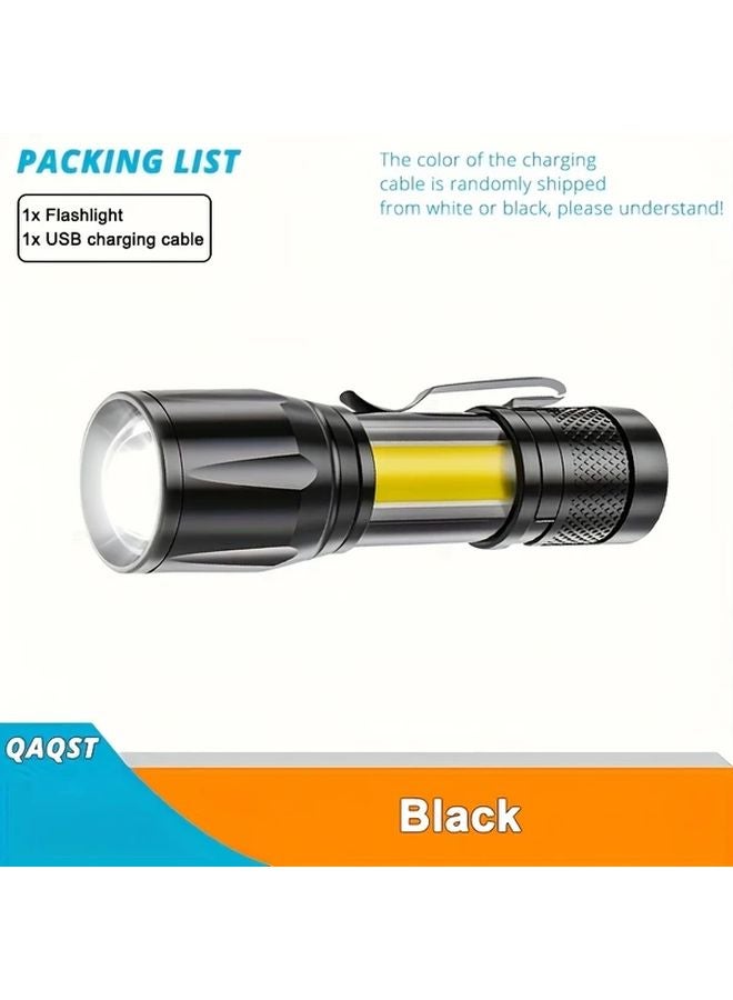Black Mini LED Flashlight Ultra Bright Rechargeable Portable Work Light Adjustable Zoom - Image 1