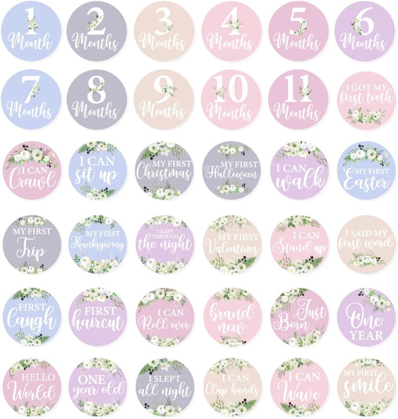 RABOWA Pastel Floral Baby Stickers for Girls Monthly Growth Tracker Photo Props Vinyl Sticker Newborn Girl Milestones 36Pcs Elegant Calligraphy Design Pack Skateboard - Image 1