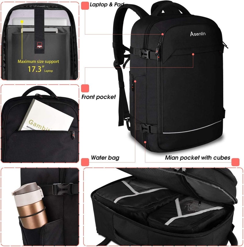 Asenlin 40L Travel Backpack for Women Men，17 Inch Laptop Backpack Flight Approved Luggage Carry On Water Resistant Computer Backpack for Weekender Overnight Large Daypack Black - Image 5