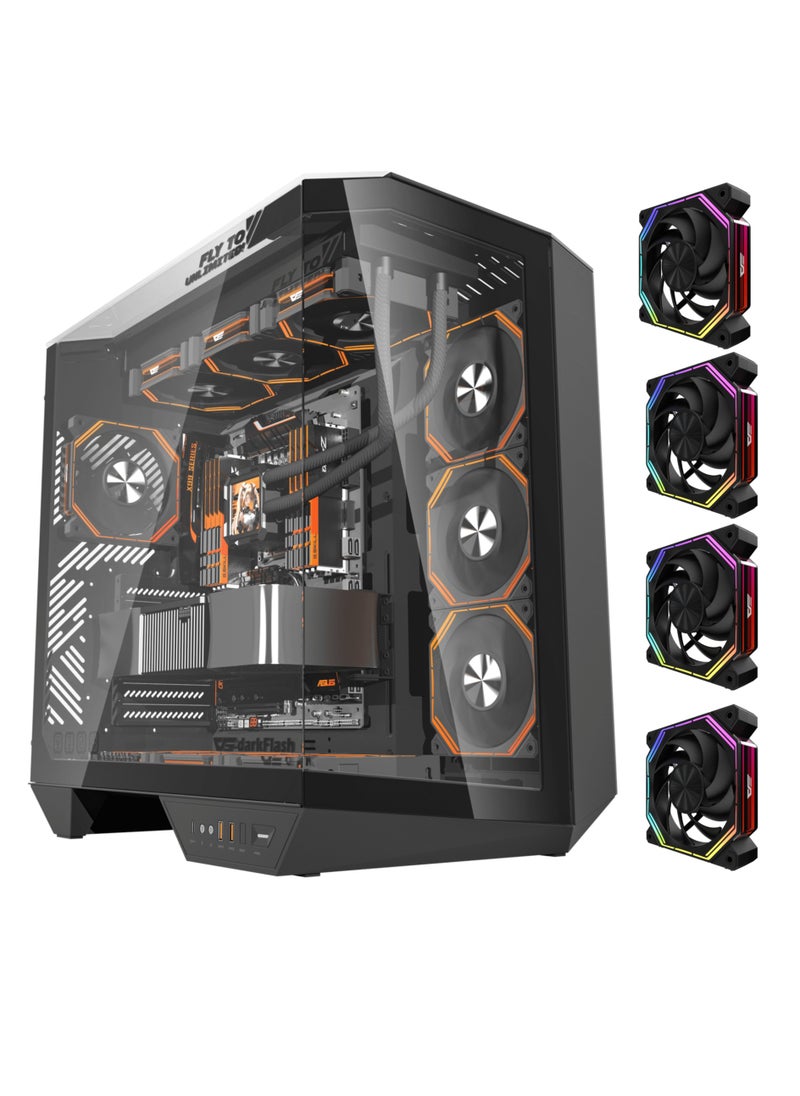 aigo - Darkflash DY470 ATX/MATX/ITX Triple Glass Gaming PC Case with 4*120MM ARGB Fans & GPU Holder, Triple Glass Design, Supports 360MM Radiators, USB Type-C, 10*120MM Fans Compatible Gaming Case - Image 1