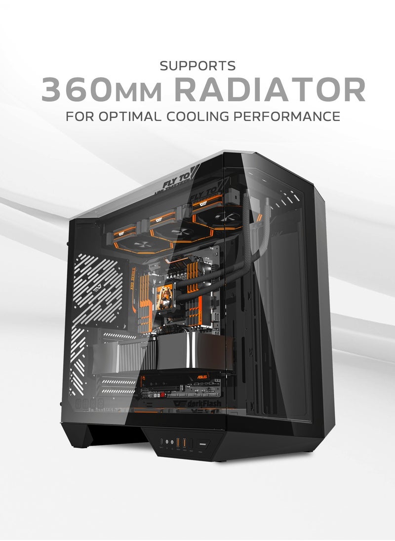 aigo - Darkflash DY470 ATX/MATX/ITX Triple Glass Gaming PC Case with 4*120MM ARGB Fans & GPU Holder, Triple Glass Design, Supports 360MM Radiators, USB Type-C, 10*120MM Fans Compatible Gaming Case - Image 1