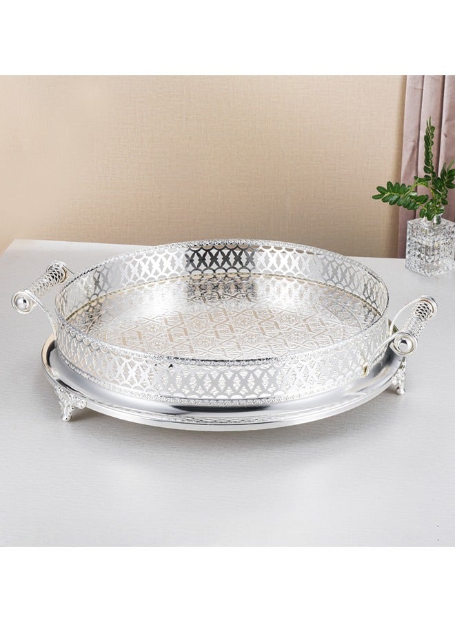 تراست صينية تقديم دائرية مزخرفة من الستانلس ستيل المقاوم للصدأ بمقابض وأرجل، فضي، 45 سم - Image 2