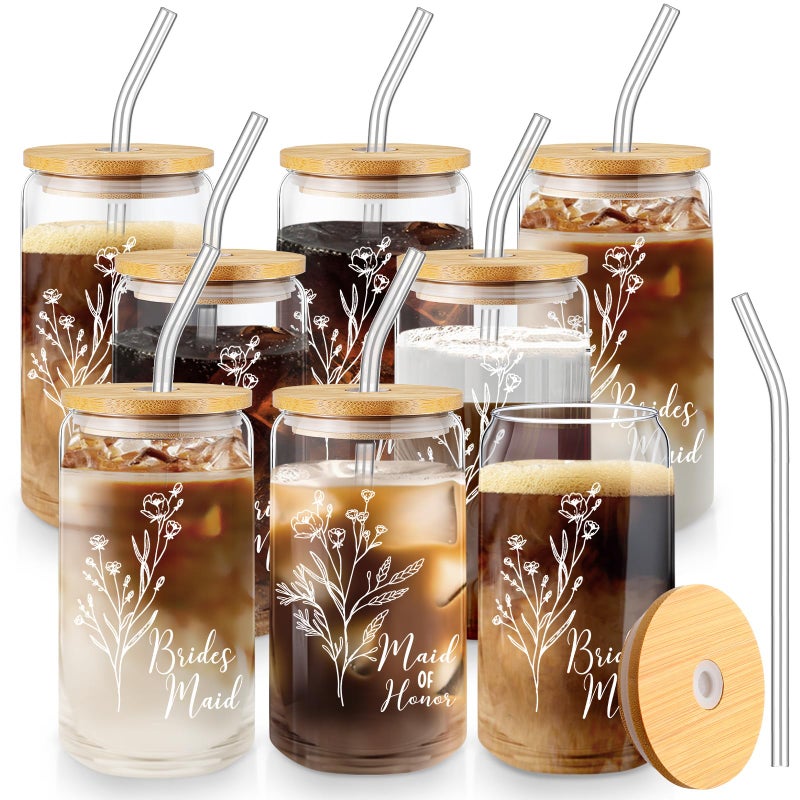 Layhit 8 Pcs Bridesmaid Gifts Bridesmaid Proposal Gifts 16 Oz Cute Can Shaped Drinking Glasses with Bamboo Lids and - Image 1