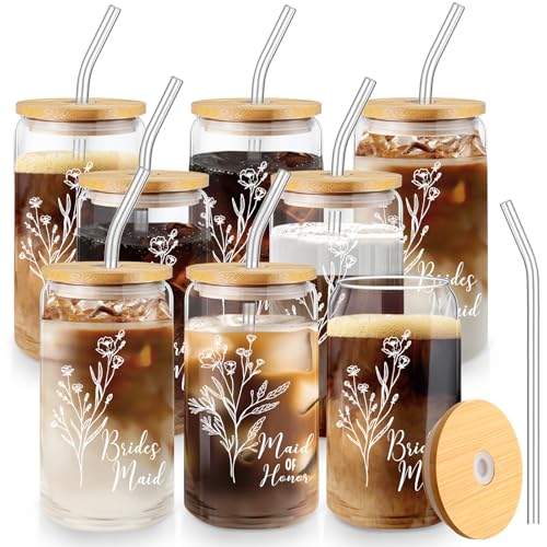 Layhit 8 Pcs Bridesmaid Gifts Bridesmaid Proposal Gifts 16 Oz Cute Can Shaped Drinking Glasses with Bamboo Lids and - Image 2