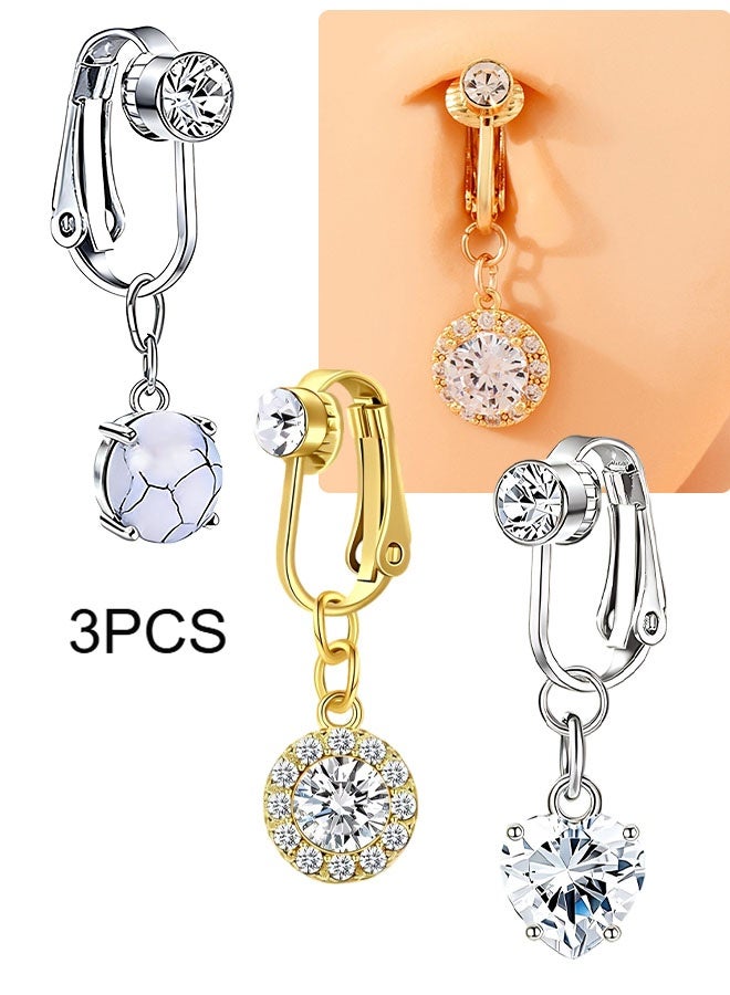 Happy D 3PCS Stainless Steel Navel Ring, Cubic Zirconia Round Decor Belly Button Ring for Women - Image 1