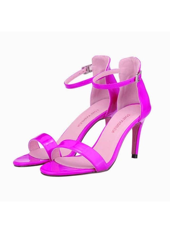 Loquat Single strap buckle flannel open-toe stiletto heel sandals 6~8cm bright pink  - Image 1