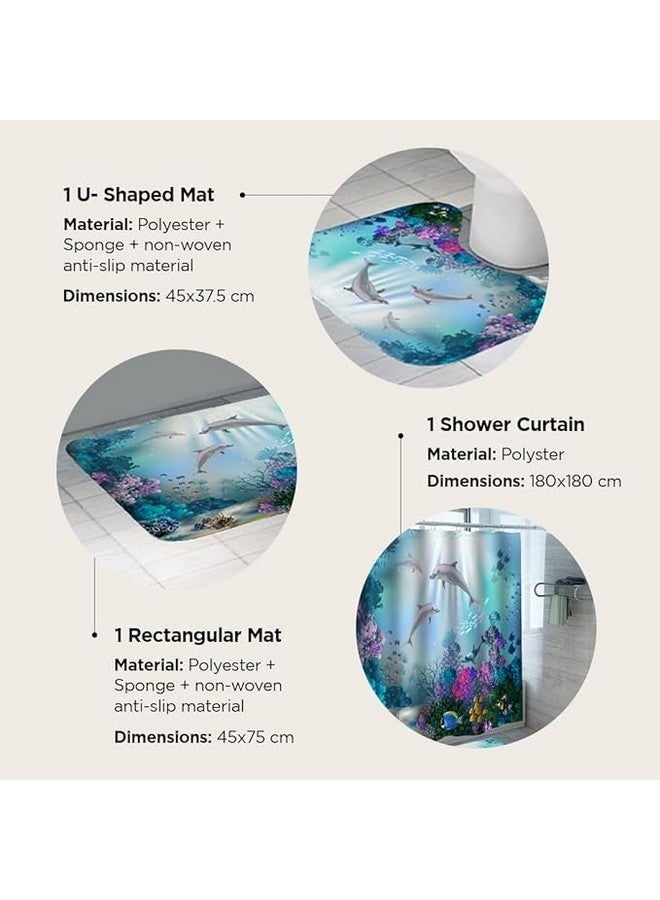 Kuber Industries Kuber Industries Shower Curtain & Bathroom Mat Set | Shower Curtain-Bath Mat-Toilet Mat Combo Set | Non-Slip Bathroom Accessories for Home | YF6-3T | Set of 3 | Multicolor - Image 3