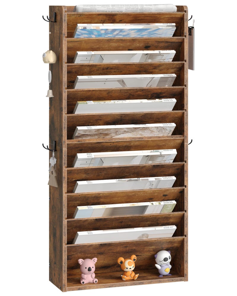 CHOEZON Wall File Organizer, 10-Tier Hanging Mail Organizer, Wall Mount File Holder with 4 Side Hooks, Mail and Storage Organizer, Wooden Vertical Hanging Holder for Office, Rustic Brown MWJ03FG - Image 1