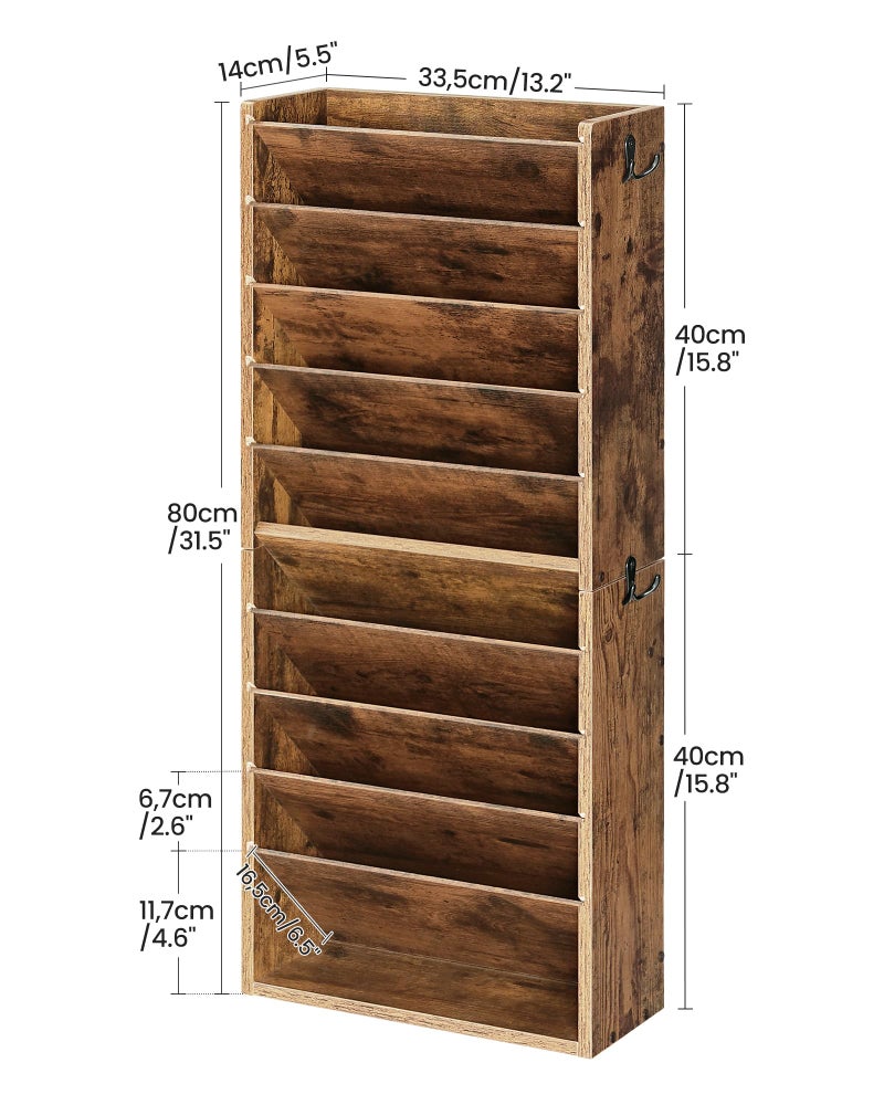 CHOEZON Wall File Organizer, 10-Tier Hanging Mail Organizer, Wall Mount File Holder with 4 Side Hooks, Mail and Storage Organizer, Wooden Vertical Hanging Holder for Office, Rustic Brown MWJ03FG - Image 2
