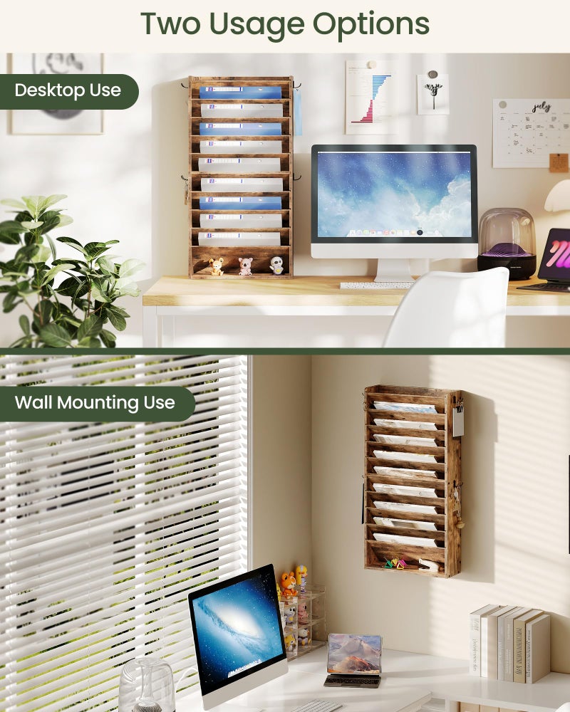 CHOEZON Wall File Organizer, 10-Tier Hanging Mail Organizer, Wall Mount File Holder with 4 Side Hooks, Mail and Storage Organizer, Wooden Vertical Hanging Holder for Office, Rustic Brown MWJ03FG - Image 5