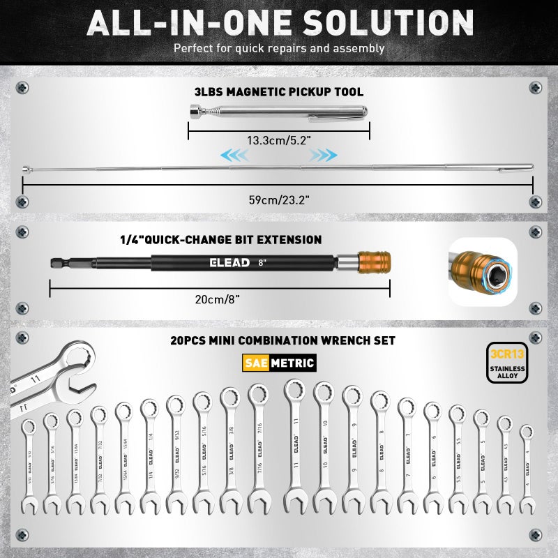 ELEAD 58-Piece Magnetic Impact Nut Driver Set, Metric & SAE Mini Combination Wrench Set, Impact Socket Adapter, 3LBS Magnetic Pickup Tool, Wing Nut Driver, Universal Socket, 1/4'' Quick-change Bit Extension - Image 3