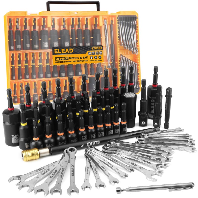 ELEAD 58-Piece Magnetic Impact Nut Driver Set, Metric & SAE Mini Combination Wrench Set, Impact Socket Adapter, 3LBS Magnetic Pickup Tool, Wing Nut Driver, Universal Socket, 1/4'' Quick-change Bit Extension - Image 1