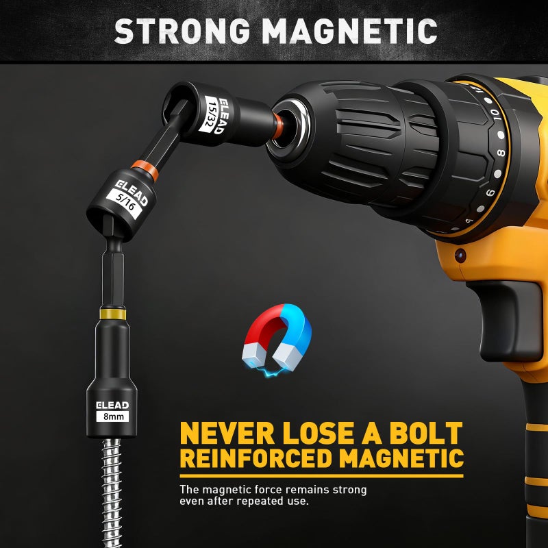 ELEAD 58-Piece Magnetic Impact Nut Driver Set, Metric & SAE Mini Combination Wrench Set, Impact Socket Adapter, 3LBS Magnetic Pickup Tool, Wing Nut Driver, Universal Socket, 1/4'' Quick-change Bit Extension - Image 4