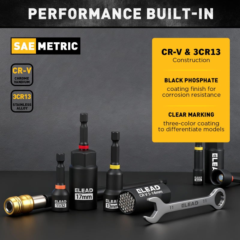 ELEAD 58-Piece Magnetic Impact Nut Driver Set, Metric & SAE Mini Combination Wrench Set, Impact Socket Adapter, 3LBS Magnetic Pickup Tool, Wing Nut Driver, Universal Socket, 1/4'' Quick-change Bit Extension - Image 5