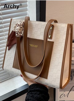 Archy Women's Leather Two-Tone Tote Bag Ladies Geometric & Letter Embossed Twilly Scarf Decor  - Image 1