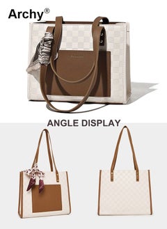 Archy Women's Leather Two-Tone Tote Bag Ladies Geometric & Letter Embossed Twilly Scarf Decor  - Image 5