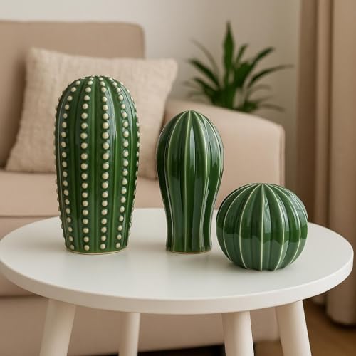 PUREZENTO 'CactusGlow' Ceramic Showpiece - Set of 3 | Stylish Boho Minimalist Cactus Green Matte Finish Figurines | Ceramic Decorative Showpiece for Home Decor, Living Room, Office, Tabletop & Shelf - Image 3