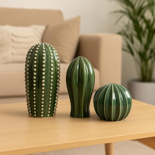PUREZENTO 'CactusGlow' Ceramic Showpiece - Set of 3 | Stylish Boho Minimalist Cactus Green Matte Finish Figurines | Ceramic Decorative Showpiece for Home Decor, Living Room, Office, Tabletop & Shelf - Image 4