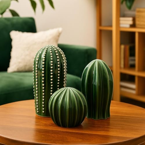 PUREZENTO 'CactusGlow' Ceramic Showpiece - Set of 3 | Stylish Boho Minimalist Cactus Green Matte Finish Figurines | Ceramic Decorative Showpiece for Home Decor, Living Room, Office, Tabletop & Shelf - Image 1