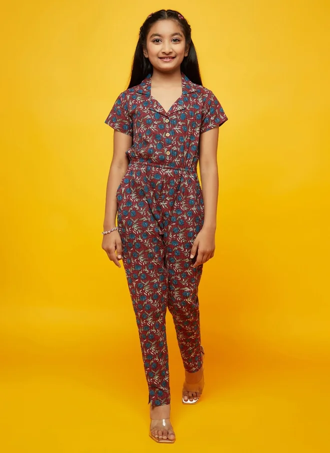 أيه كيه إس Maroon Printed Basic Jumpsuit for Girls