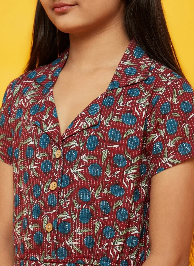 أيه كيه إس Maroon Printed Basic Jumpsuit for Girls
