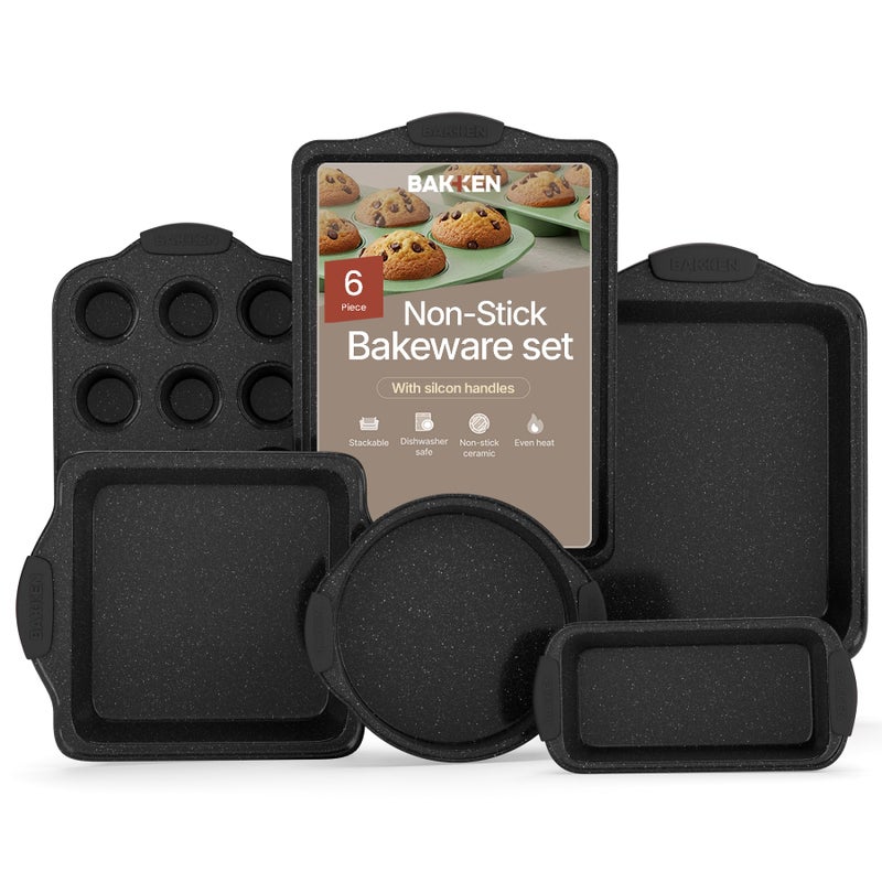 BAKKENMaster 6Piece Nonstick Gray Marble Coated Bakeware Set  Professional Quality Carbon Steel Pans with Silicone Handles  Ideal for Oven Refrigerator Freezer  Dishwasher Safe