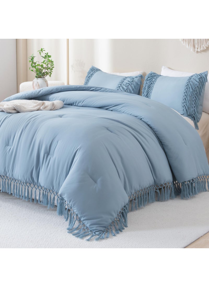 Andency Andency Grayish Blue Comforter Set King  3 Pieces Boho Tassel Lightweight Soft Bedding Comforter Sets for King Bed  All Season Fluffy Fringe Bed Set (104x90In Comforter & 2 Pillowcases)  - Image 1