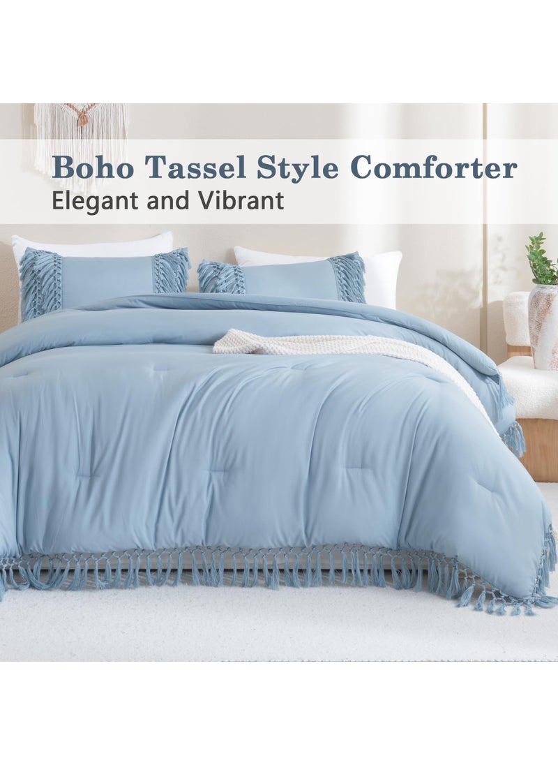 Andency Andency Grayish Blue Comforter Set King  3 Pieces Boho Tassel Lightweight Soft Bedding Comforter Sets for King Bed  All Season Fluffy Fringe Bed Set (104x90In Comforter & 2 Pillowcases)  - Image 2