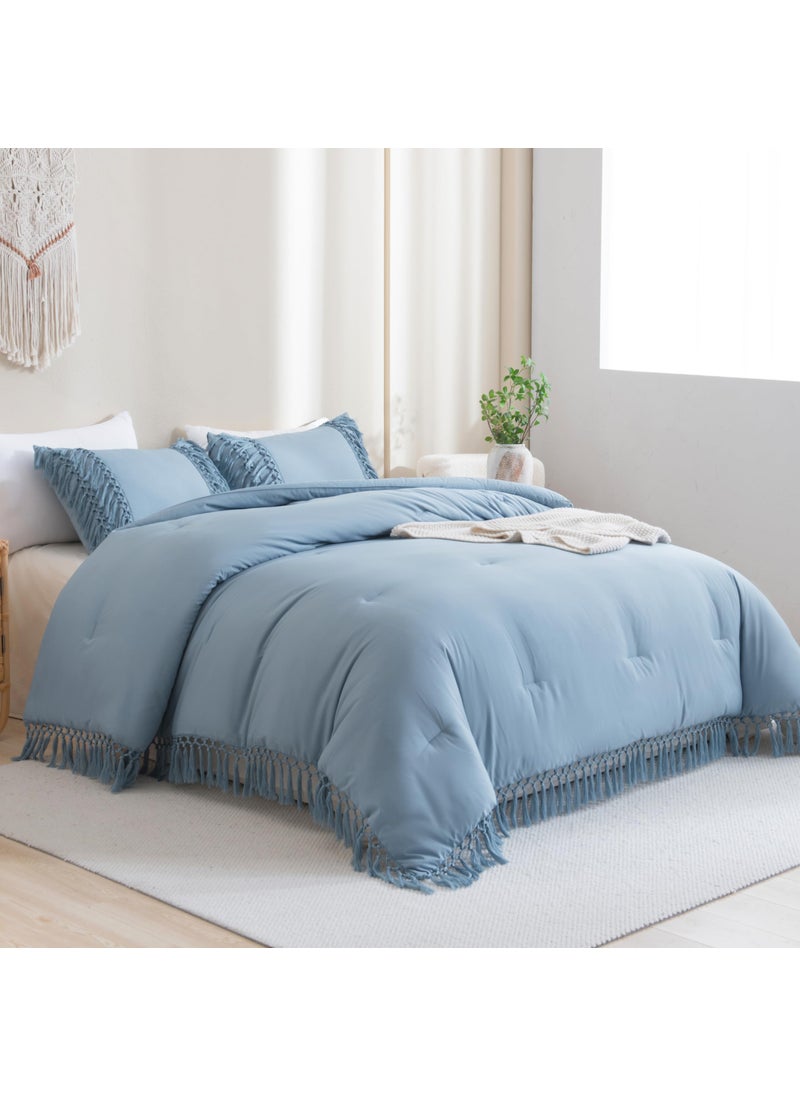 Andency Andency Grayish Blue Comforter Set King  3 Pieces Boho Tassel Lightweight Soft Bedding Comforter Sets for King Bed  All Season Fluffy Fringe Bed Set (104x90In Comforter & 2 Pillowcases)  - Image 3
